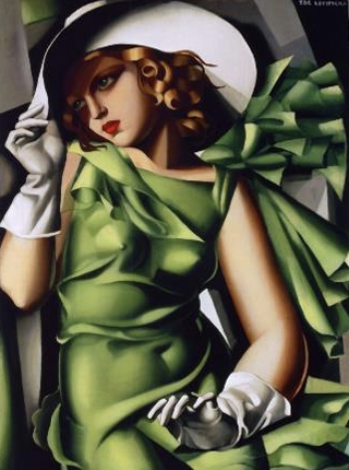 Frau im Art-déco-Stil mit grünem Kleid, weißem Hut und weißen Handschuhen, stilisiertes Porträt